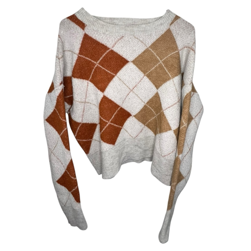 Bibi Cream And Orange Argyle Plaid Fall Knit Pullover Sweater